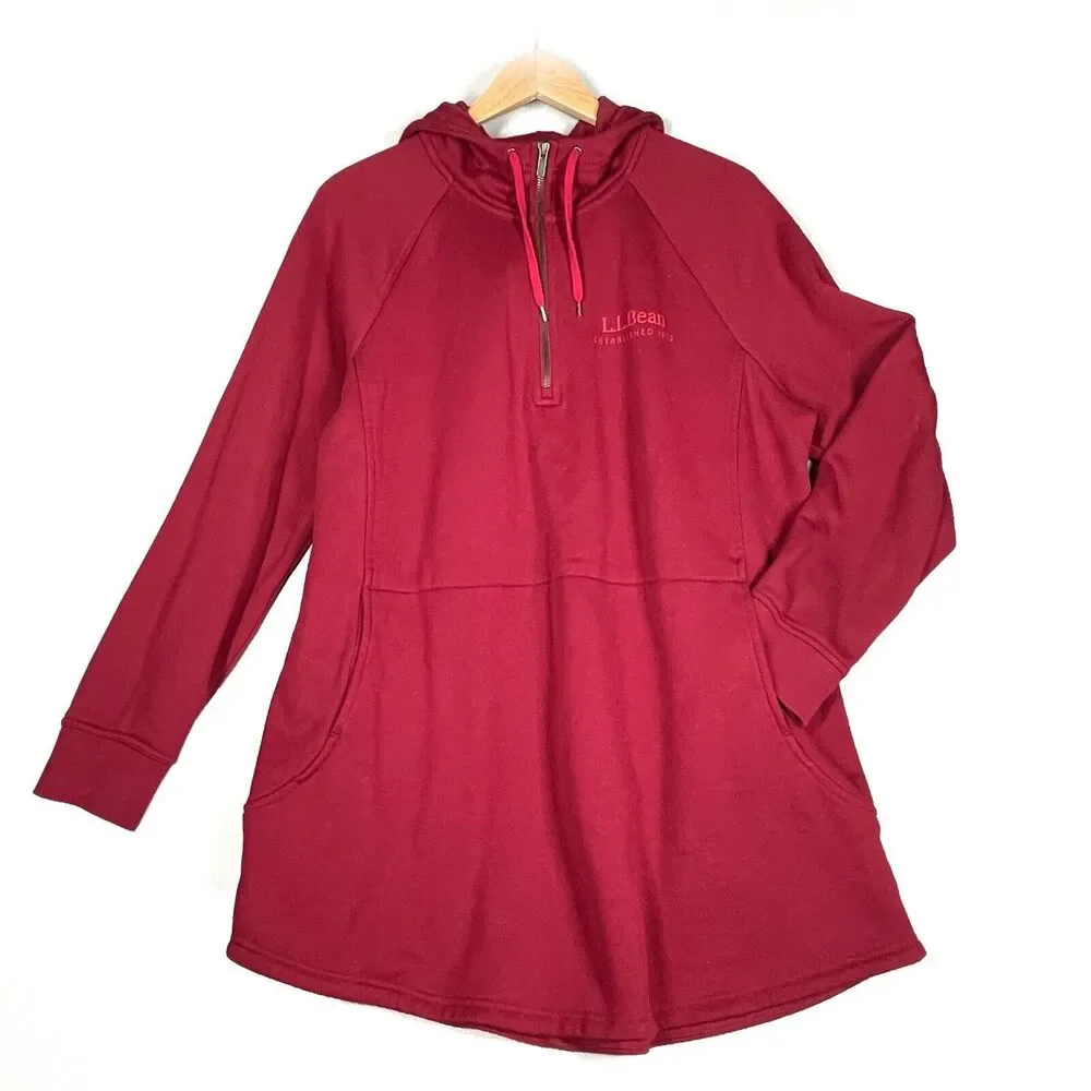 L.L. Bean Women's Cozy Pullover Sz L Hoodie Sweatshirt Dark Red Longer Length - Picture 2 of 7